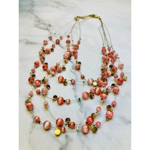Pink Multi-Strand Beaded Necklace Gold Accents Adjustable Clasp -172 - Picture 3 of 3